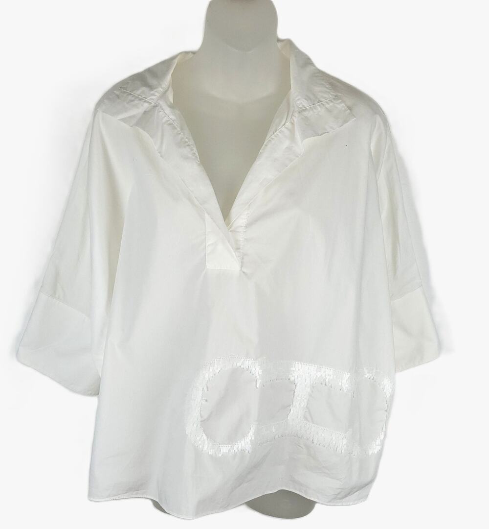Carolina Herrera Sequined CH Logo Oversized Crisp White V-Neck Tunic Top XS NWOT